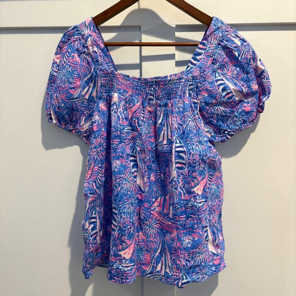 Lilly Pulitzer 100% Linen Puff Sleeve Smocked Square Neck Top Sailabration Sz 6